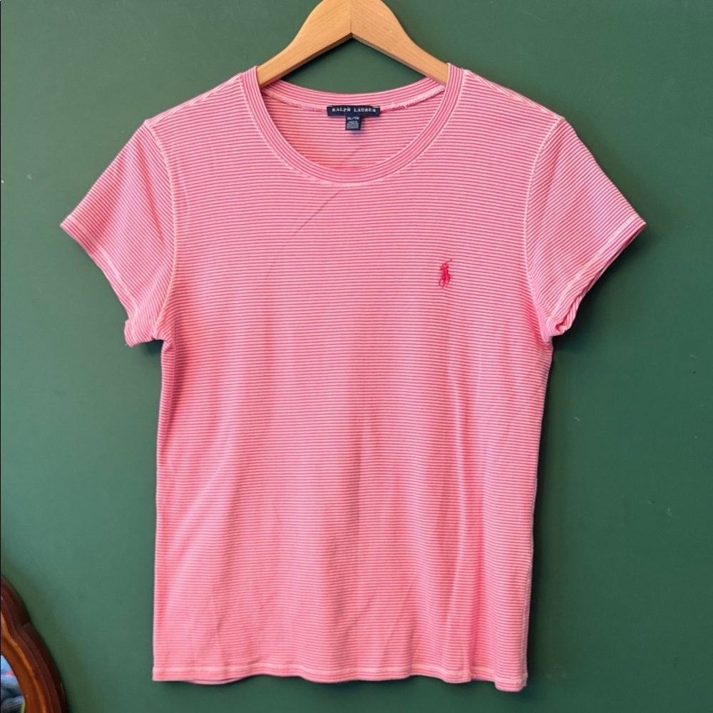 Ralph Lauren Womens XL Pink & White Short Sleeve Tee Classic Preppy Varsity